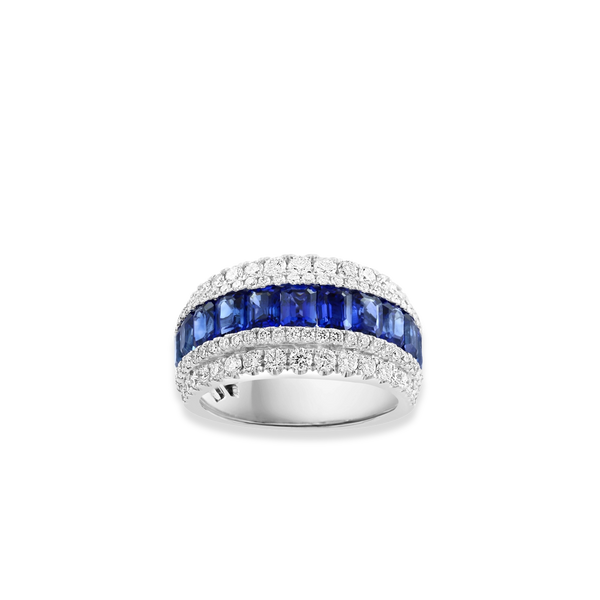Blue Sapphire and Diamond Triple Row Ring