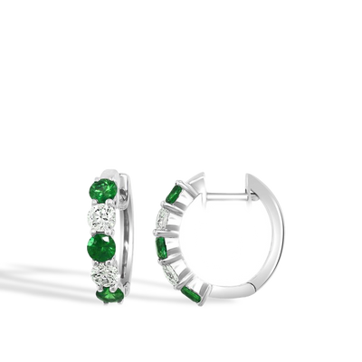 Emerald and Diamond 3.3mm Alternating Hoop Earrings - Private Label product