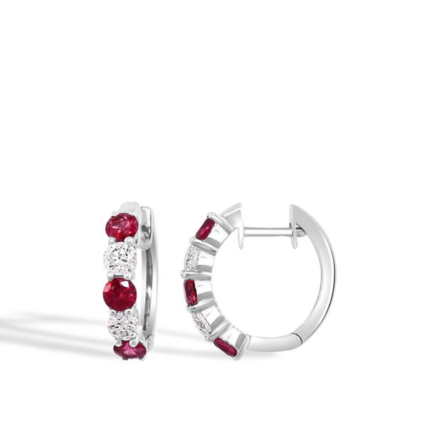 Ruby and Diamond 3.3mm Alternating Hoop Earrings