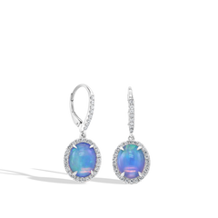 Oval Opal Diamond Halo Drop Earrings