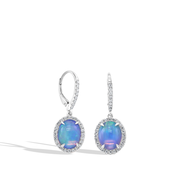 Oval Opal Diamond Halo Drop Earrings