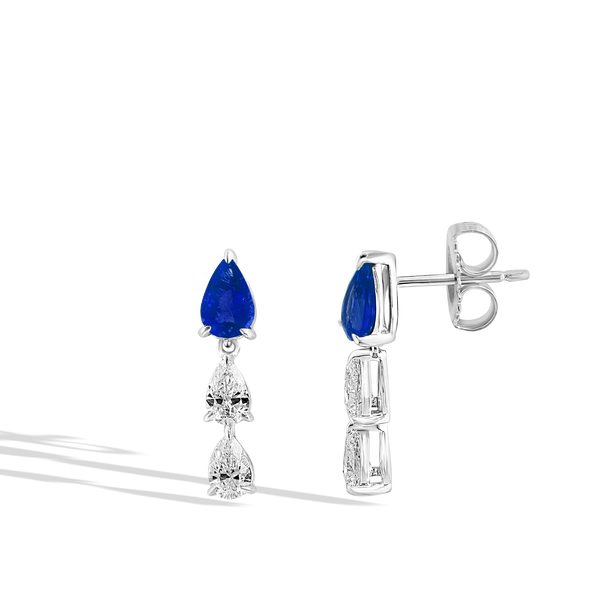 Three Tier Pear Sapphire and Diamond Cluster Drop Earrings