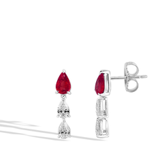 Three Tier Pear Ruby and Diamond Cluster Drop Earrings