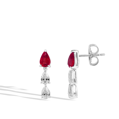 Three Tier Pear Ruby and Diamond Cluster Drop Earrings - Private Label product