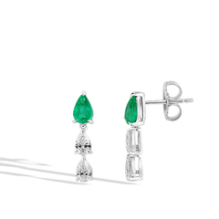 Three Tier Pear Emerald and Diamond Cluster Drop Earrings