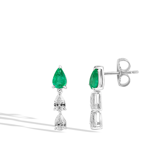 Three Tier Pear Emerald and Diamond Cluster Drop Earrings