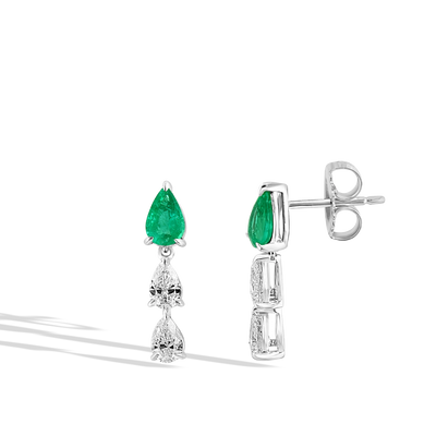 Three Tier Pear Emerald and Diamond Cluster Drop Earrings - Private Label product