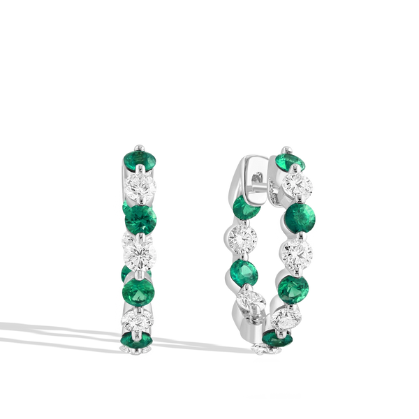 Emerald and Diamond 2.8mm Alternating Hoop Earrings