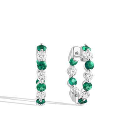 Emerald and Diamond 2.8mm Alternating Hoop Earrings - Private Label product