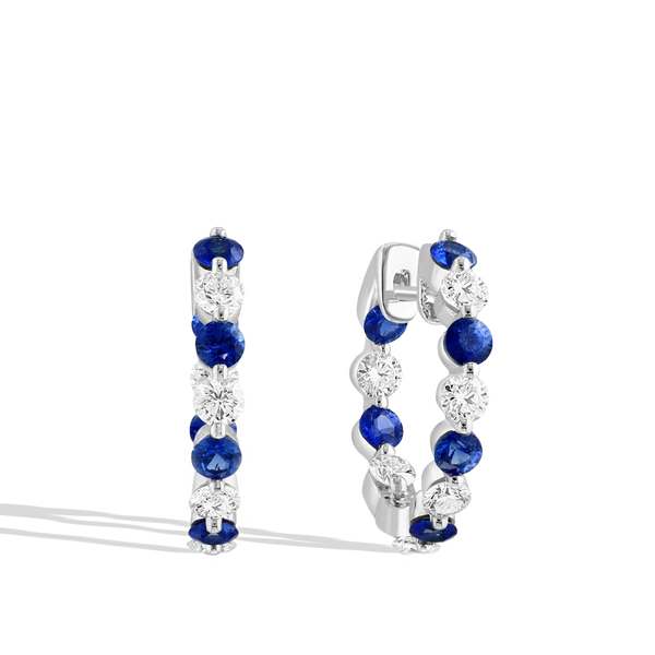 Blue Sapphire and Diamond 2.8mm Alternating Hoop Earrings