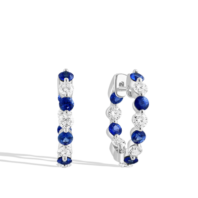 Blue Sapphire and Diamond 2.8mm Alternating Hoop Earrings - Private Label product
