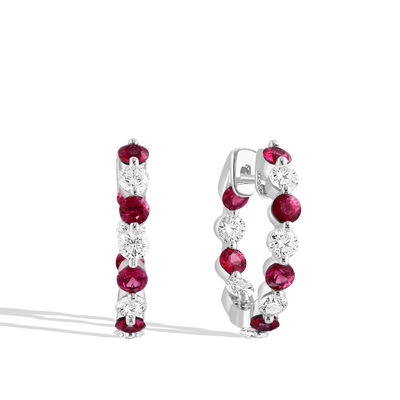 Ruby and Diamond 2.8mm Alternating Hoop Earrings - Private Label product