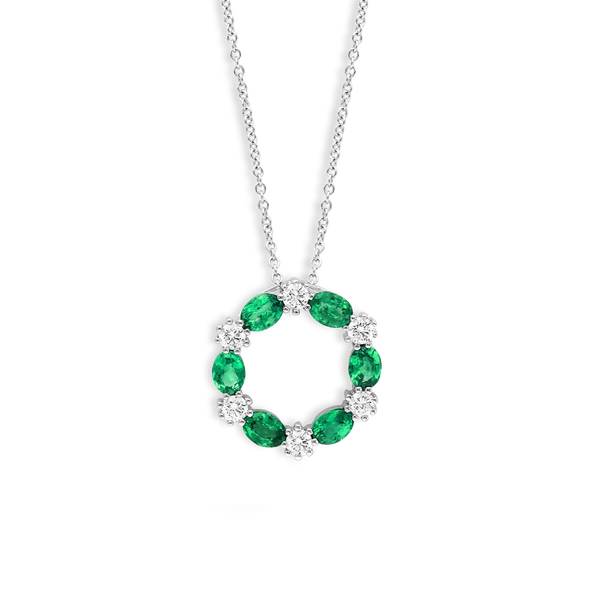 Emerald and Diamond Alternating Circle Pendant Necklace