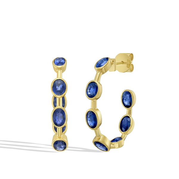 Blue Sapphire Bezel Knife Edge Hoop Earrings