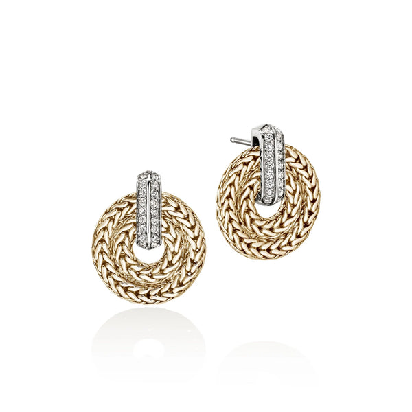 John Hardy Icon Circle Link Gold and Silver Diamond Earrings
