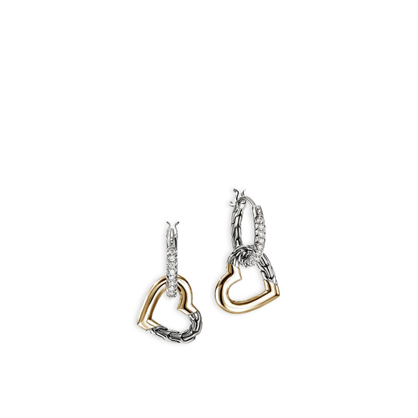 John Hardy Essentials Silver and Gold Pavé Heart Drop Earrings