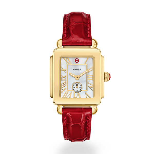 Michele Deco Sport Mid Gold Plated Watch with Red Leather Strap