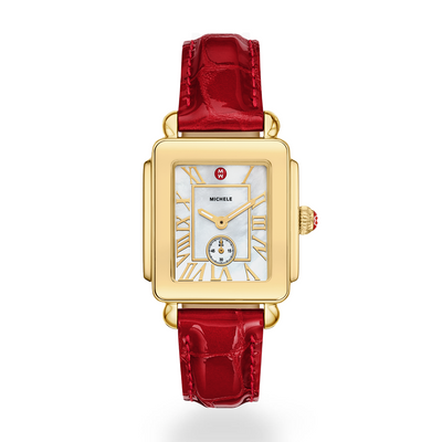 Michele Deco Sport Mid Gold Plated Watch with Red Leather Strap - Michele product