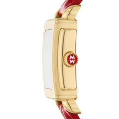 Michele Deco Sport Mid Gold Plated Watch with Red Leather Strap