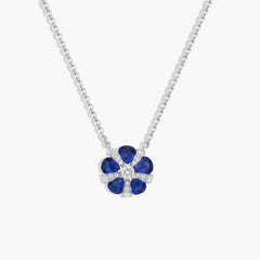 Blue Sapphire and Diamond Flower Pendant Necklace