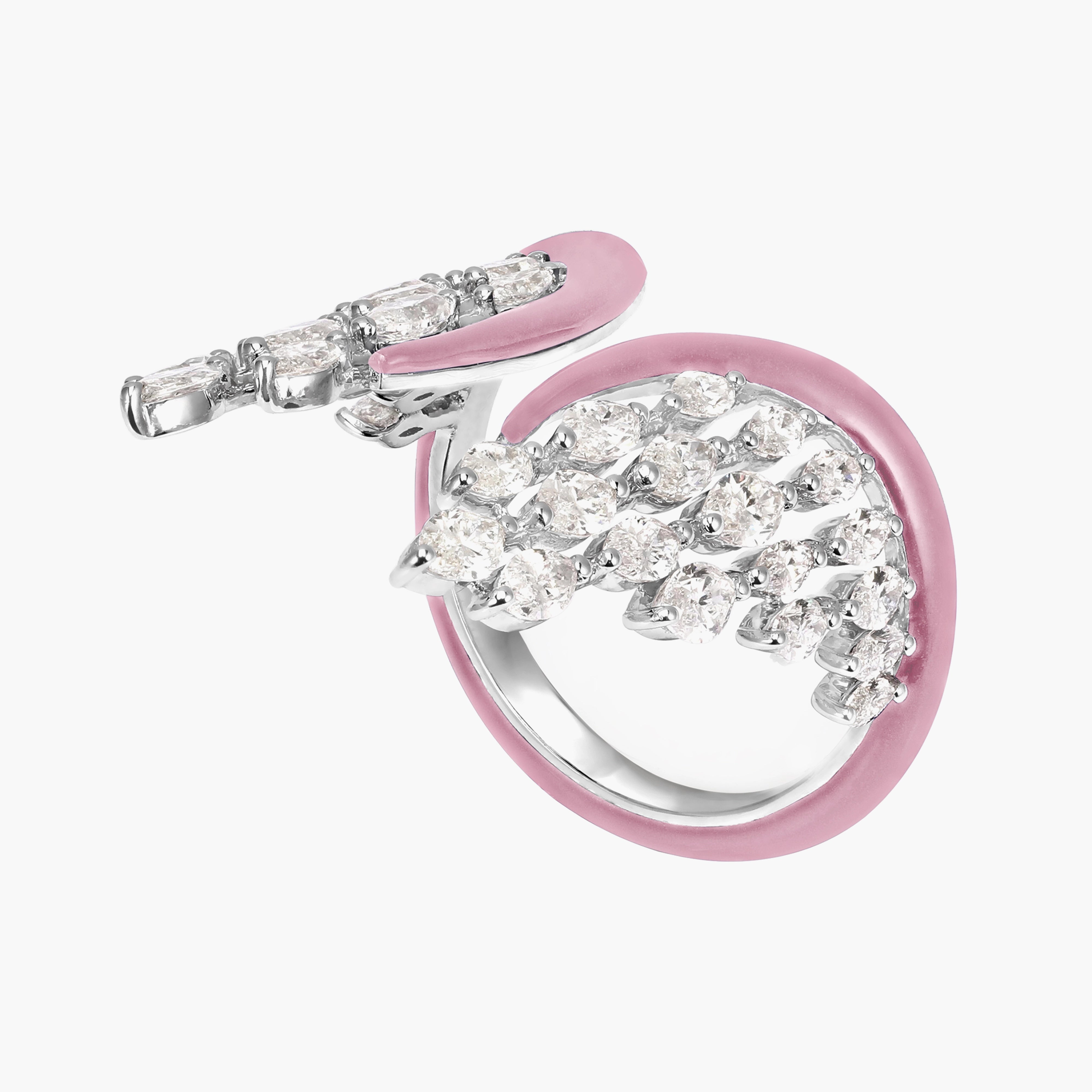 Kamyen Pink Enamel Diamond Angel Wing Ring