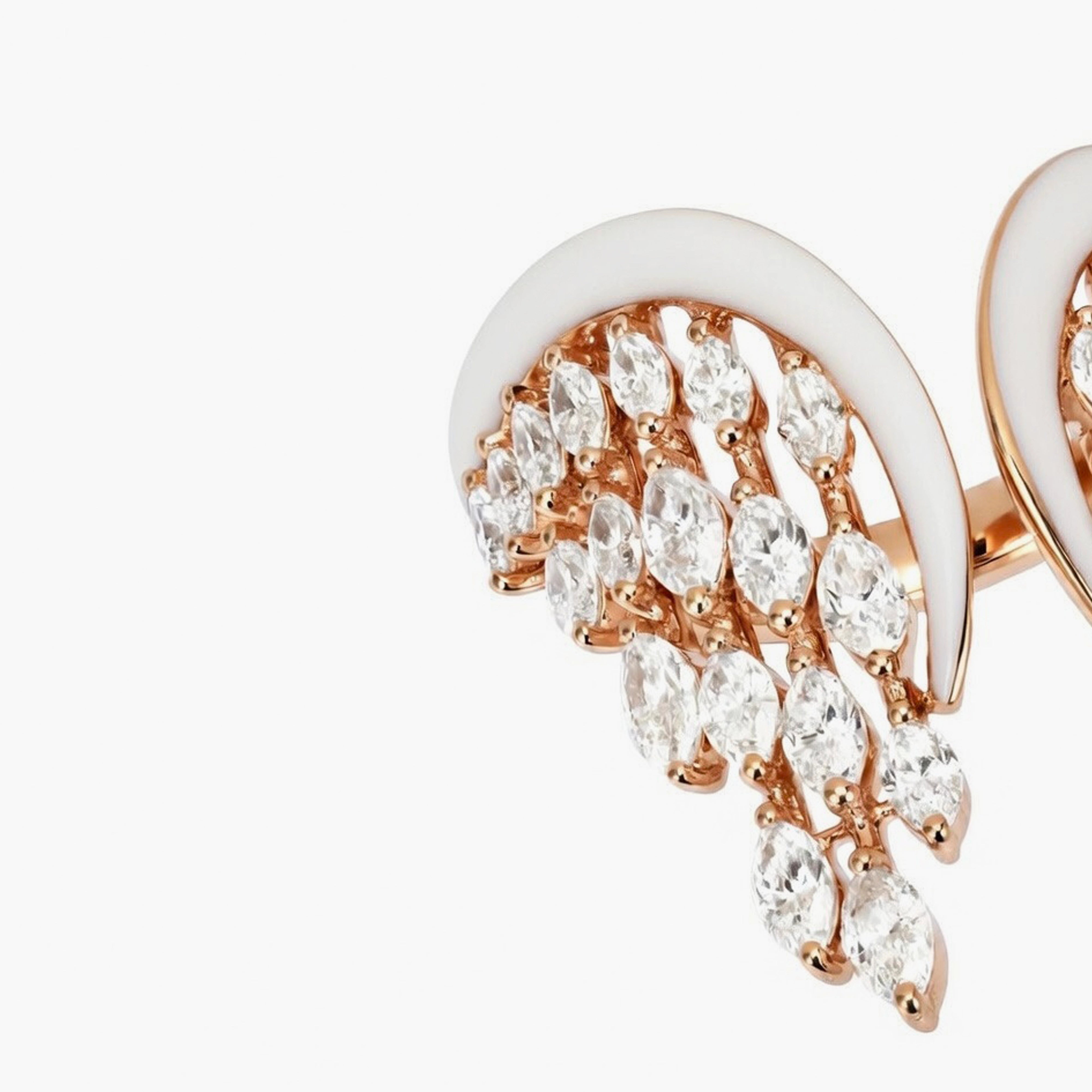 Kamyen White Enamel Diamond Angel Wing Ring