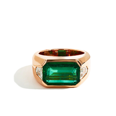 9 Carat Octagon Emerald and Bullet Diamond Signet Ring - Private Label product