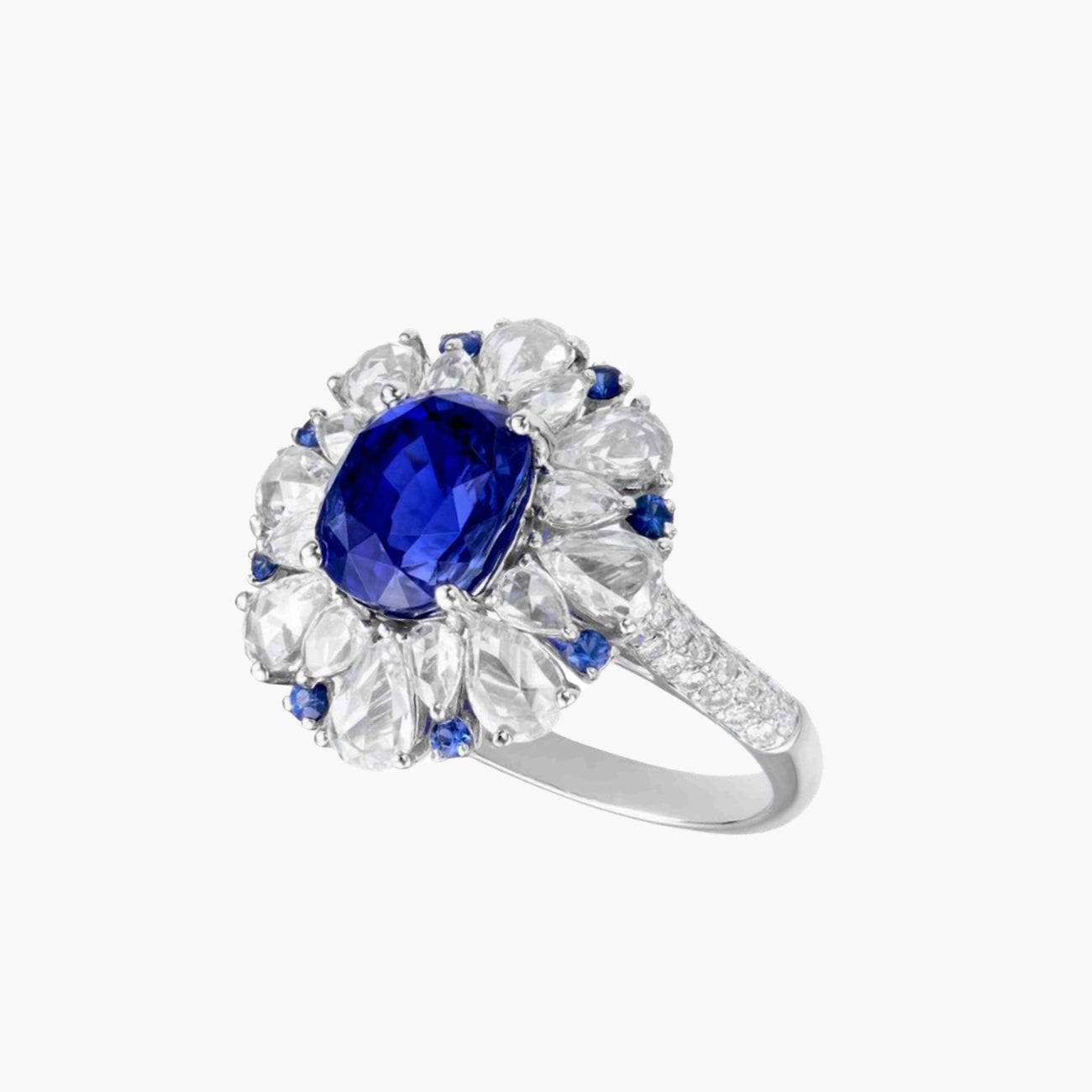 Ceylon Sapphire and Diamond Halo Flower Ring