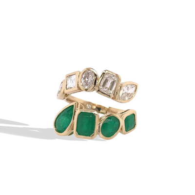 Fancy Shape Emerald and Diamond Bypass Ring - Private label product