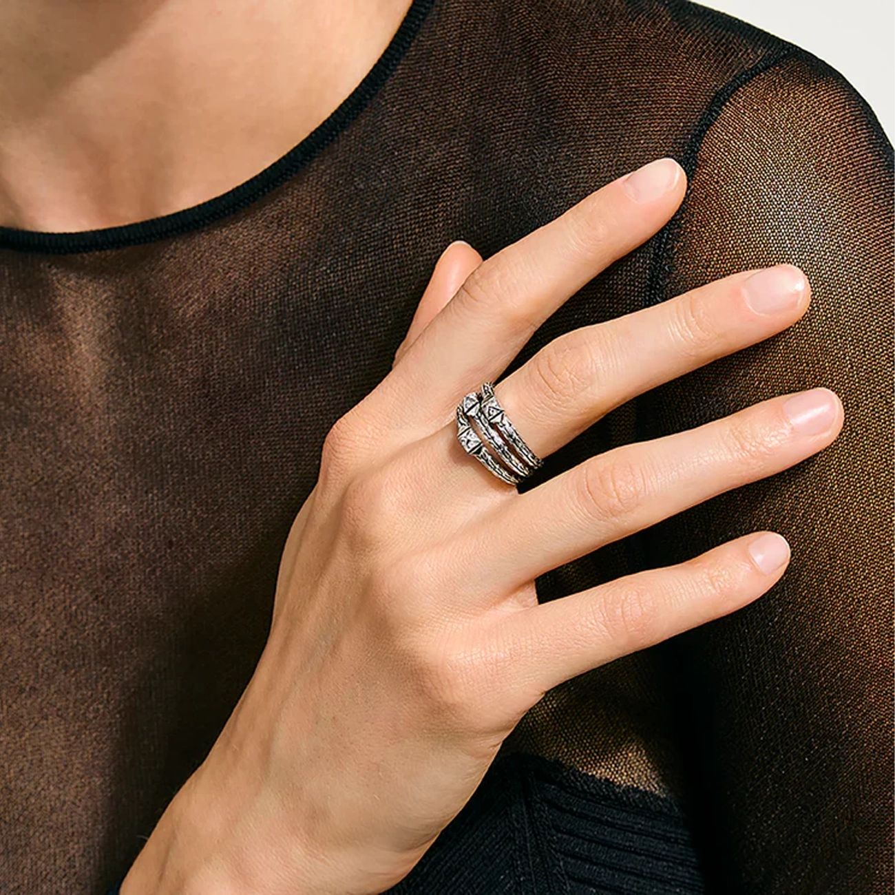 John Hardy Icon Stud Diamond Triple Row Ring