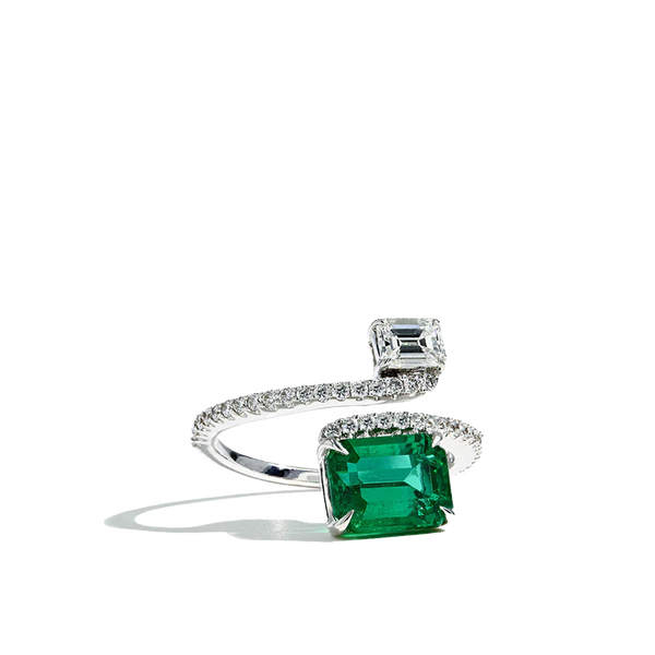 2 Carat Green Emerald and Diamond Bypass Ring