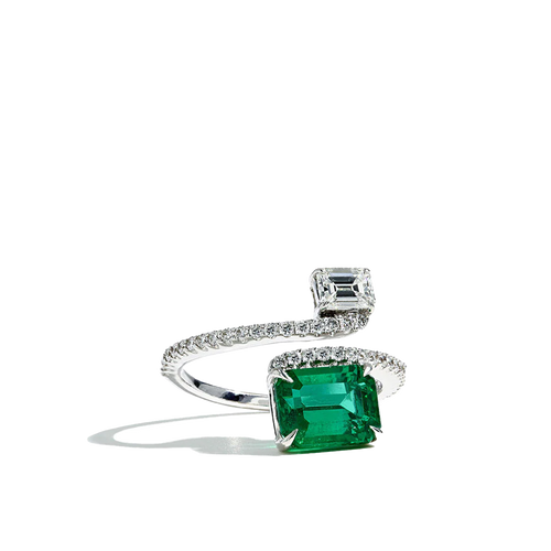 2 Carat Green Emerald and Diamond Bypass Ring