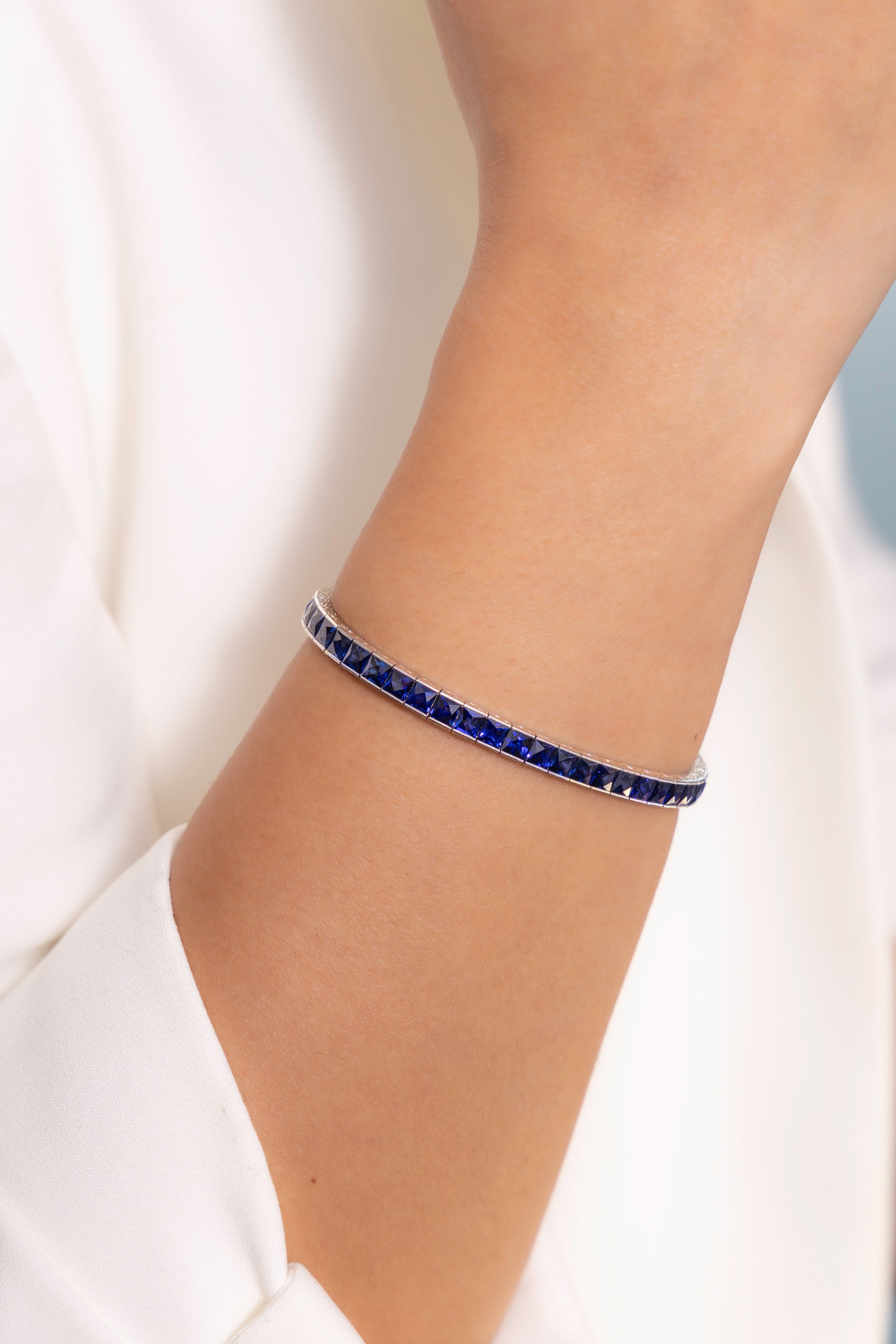 Platinum French-Cut Blue Sapphire Bracelet