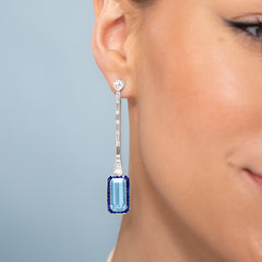 7 Carat Emerald-Cut Aquamarine and Blue Sapphire Drop Earrings