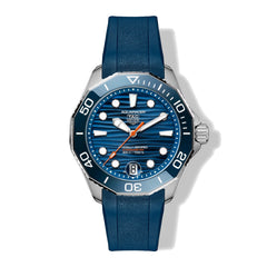 Blue watch with a silver bezel on a white background
