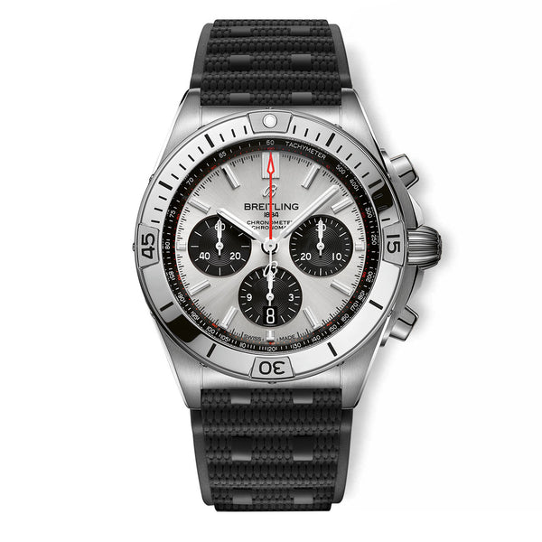 Breitling Chronomat B01 42 Silver Dial — 42mm with Black Rouleaux Rubber Strap