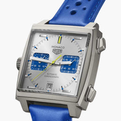 TAG Heuer Monaco Chronograph Silver and Blue Dial Leather Strap - 39mm