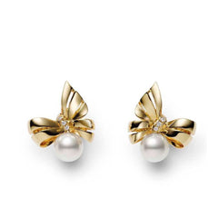 Mikimoto Yellow Gold Bow Diamond Pearl Stud Earrings