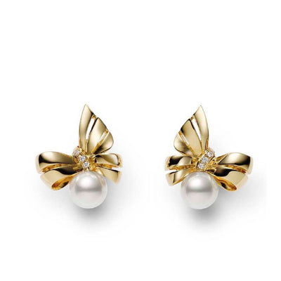 Mikimoto Yellow Gold Bow Diamond Pearl Stud Earrings - Mikimoto product