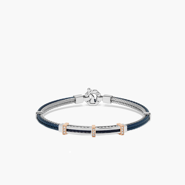 Barakà 316L Four-Wire Stainless Steel Diamond Blue Bracelet with Sterling Silver and 18K Rose Gold