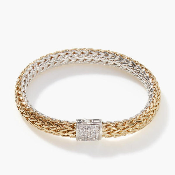 John Hardy Classic Chain Gold & Silver 7.5mm Diamond Clasp Reversible Icon Bracelet