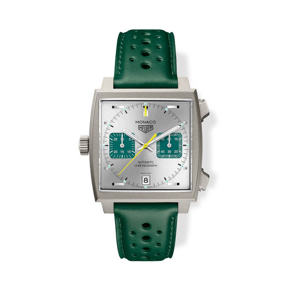 TAG Heuer Monaco Chronograph Silver and Green Dial Leather Strap - 39mm