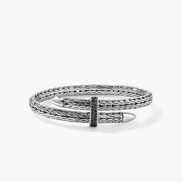 John Hardy Spear Silver Bypass Flex Cuff with Black Sapphires