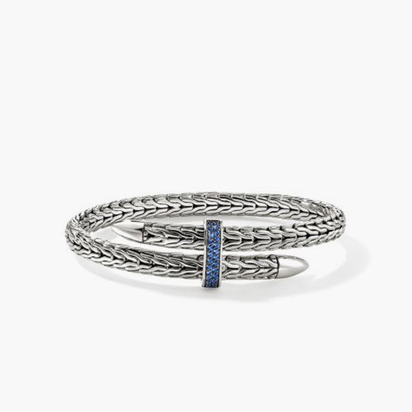John Hardy Spear Silver Bypass Flex Cuff with Blue Sapphires