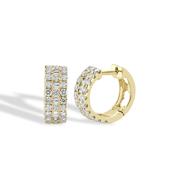 Round and Baguette Diamond Hoop Earrings in 14K Yellow Gold