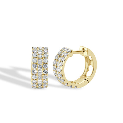 Round and Baguette Diamond Hoop Earrings in 14K Yellow Gold - Private Label product