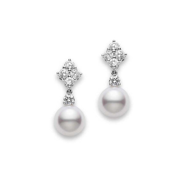 Mikimoto White Gold Pearl and Diamond Cluster Earrings 7.5mm