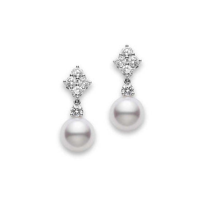 Mikimoto White Gold Pearl and Diamond Cluster Earrings 7.5mm - Mikimoto product