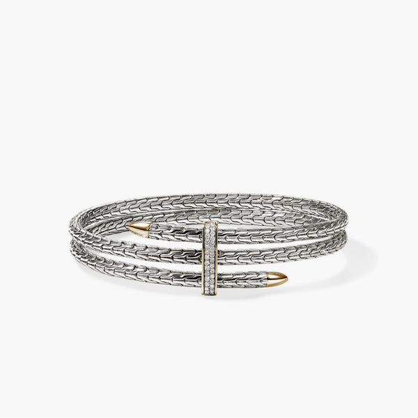 John Hardy Spear Two-Tone Diamond Pave Slim Double Flex Cuff