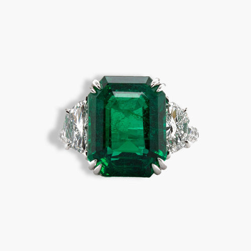 Private Label Emerald and Diamond Three Stone Ring in Platinum